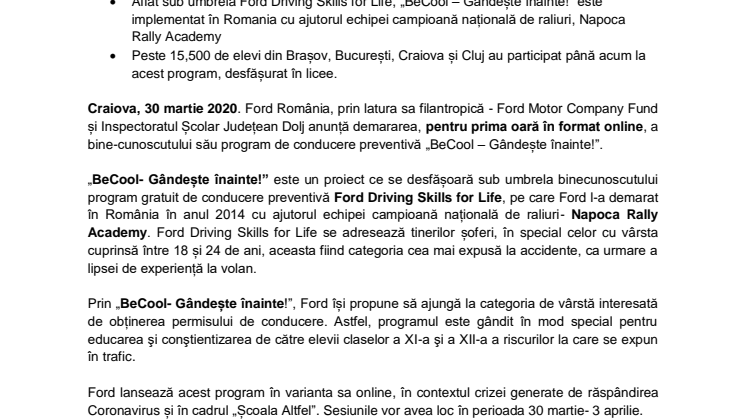 Ford România și Inspectoratul Școlar Județean Dolj oferă în premieră un program online de conducere preventivă pentru elevii craioveni