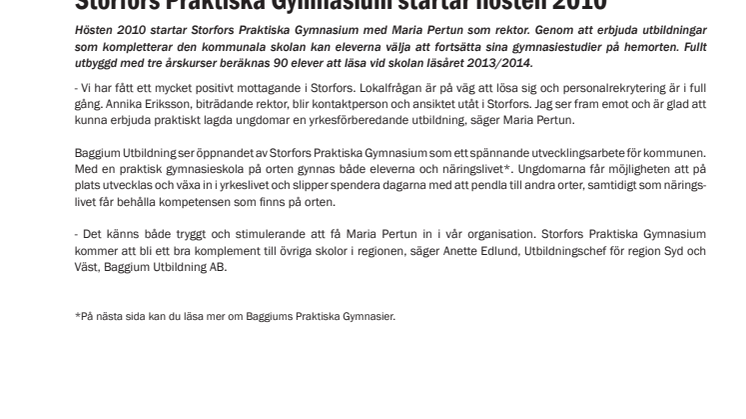 Storfors Praktiska Gymnasium startar hösten 2010