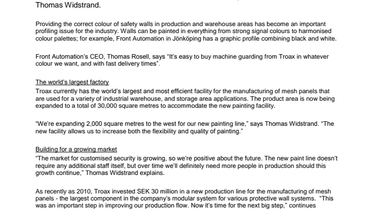 Troax Announces SEK 50 million investment in Hillerstorp