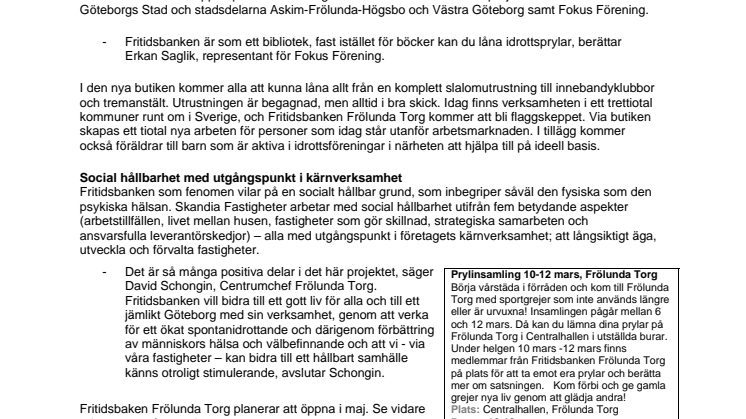 God hälsa ska vara för alla. Nu öppnar Fritidsbanken på Frölunda Torg! 