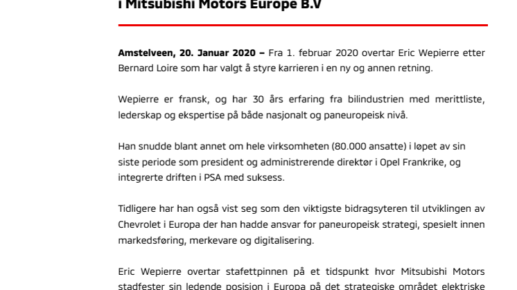 Eric Wepierre - Nyutnevnt President & CEO i Mitsubishi Motors Europa B.V