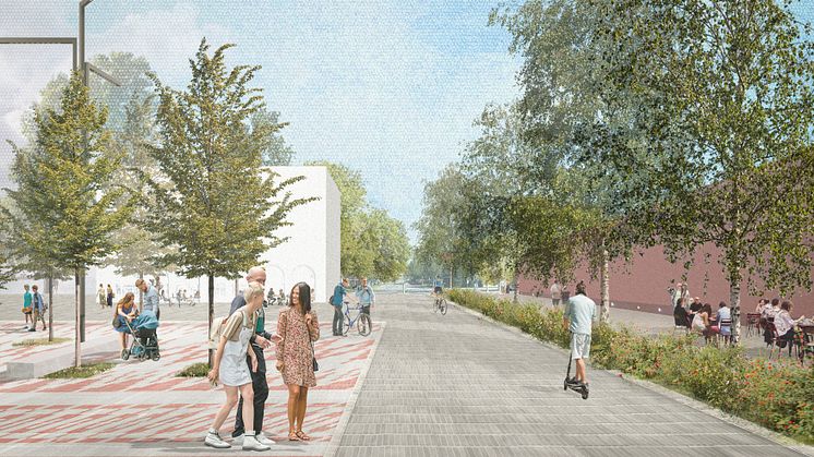 Den nya Västergatan – länken mellan den gamla stadskärnan och den nya stadsdelen Västermalm är en lummig stadsgata där gående och cyklister är prioriterade.  Illustrationer: New Environments + BLU.works