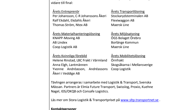Finalisterna i Stora Logistik & Transportpriset 2010