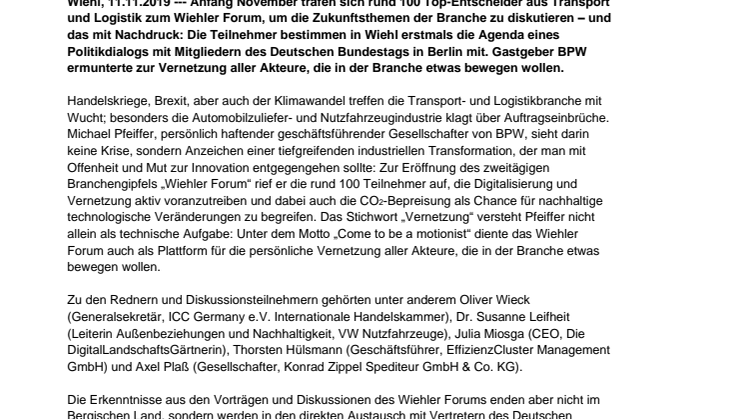 Gipfeltreffen mit Nachdruck: BPW trägt Themen und Forderungen aus Transport und Logistik von Wiehl in den Bundestag