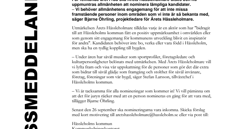 Årets Hässleholmare - nominera din kandidat!