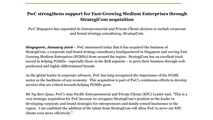 ​PwC strengthens support for Fast-Growing Medium Enterprises through StrategiCom acquisition