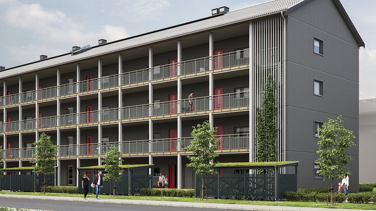 Illustration av entrésida med loftgångar, BoKlok Landeriet. 