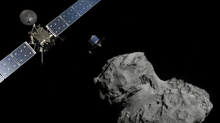Rymdsonden Rosetta, landaren Philae och kometen 67P. Bild: ESA/ATG medialab/Rosetta/NavCam