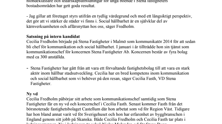 Från Malmö till högsta ledningen - Cecilia Fredholm tar plats i Stena Fastigheters ledningsgrupp