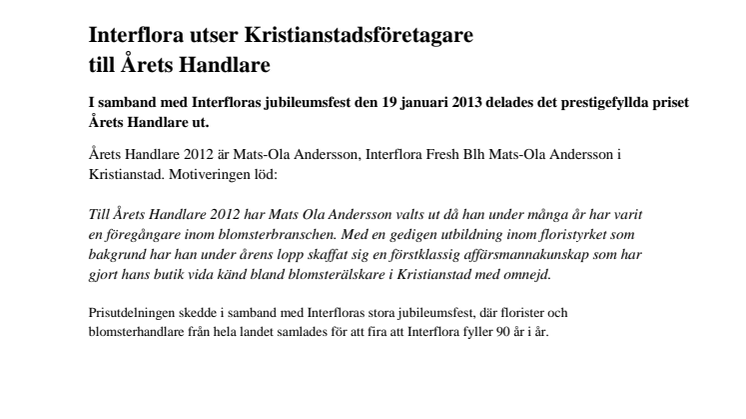 Interflora utser Kristianstadsföretagare till Årets Handlare