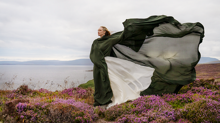 Gwendoline Christie standing on Hobbister Moor in Orkney where Highland Park's peat is cut, from short film Orkney Stories CREDIT Annabel Elston _ Highland Park