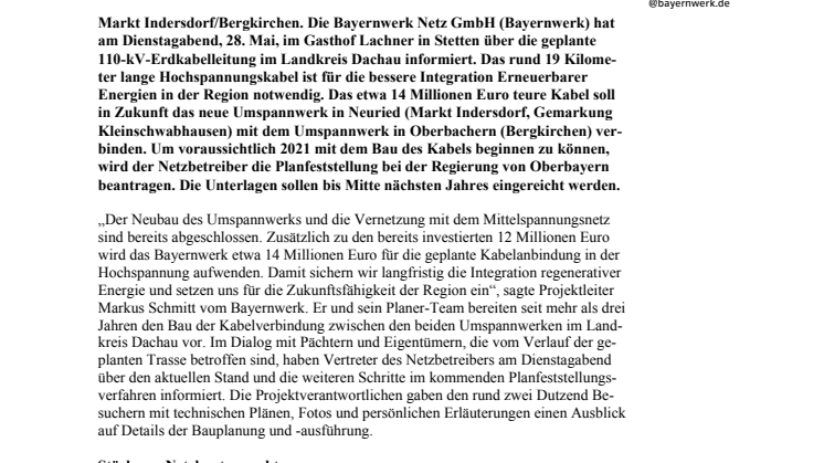 Bayernwerk knüpft das Stromnetz der Zukunft - Kabelanbindung für neues Umspannwerk