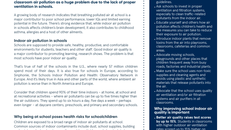 Classroom air pollution harms children’s health and learning abilities