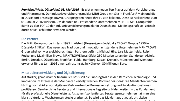 Fusion von MRH Group und TROWE Gruppe