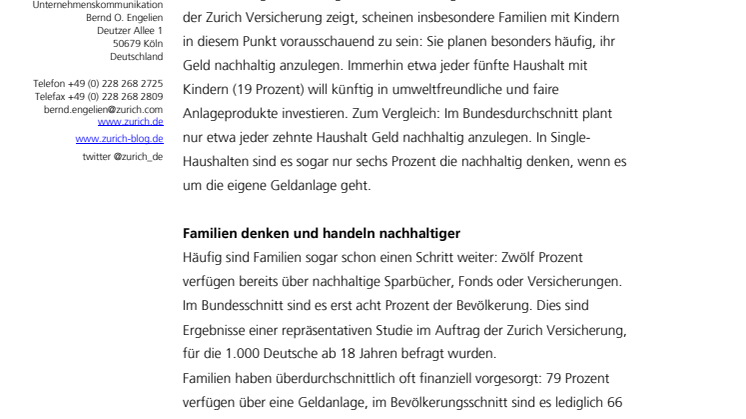 Zurich Studie: Familien mit Kindern achten besonders auf Nachhaltigkeit bei der Geldanlage 