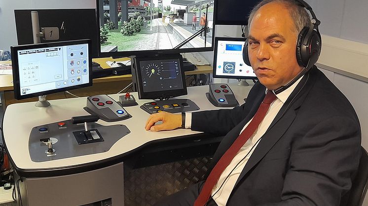 Bambos Charalambous, MP for Enfield and Southgate, takes a train for a spin on one of the Great Northern simulators (download this picture and one other in high res from below press release)