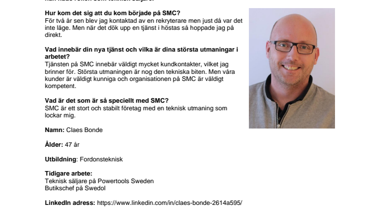 Claes Bonde ny säljare på SMC Automation i Växjö