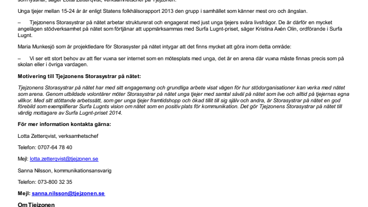 Tjejzonens Storasystrar vinnare av Surfa Lugnt-priset 2014