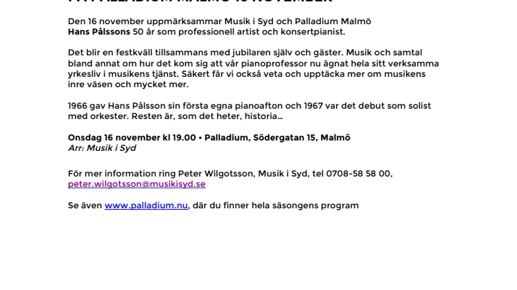 Hans Pålsson – Jubileumskonsert på Palladium Malmö den 16 november