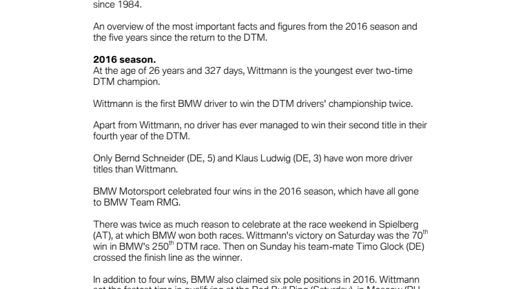 BMW facts and figures since the DTM comeback in 2012