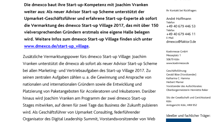 Verstärkung fürs dmexco Start-up Village-Team