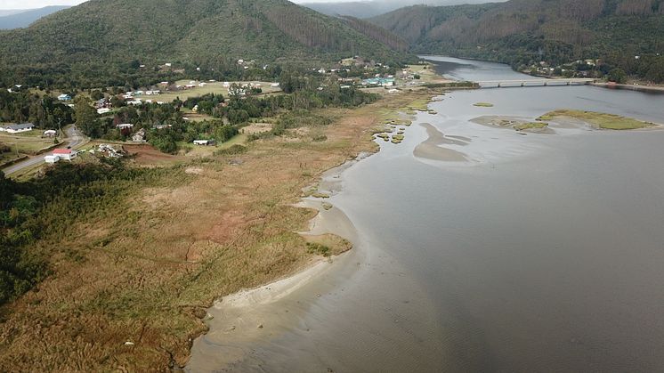Aerial view of the Chaihuín tidal marsh – site of the discovery of new geological evidence for a previously unreported historical tsunami.