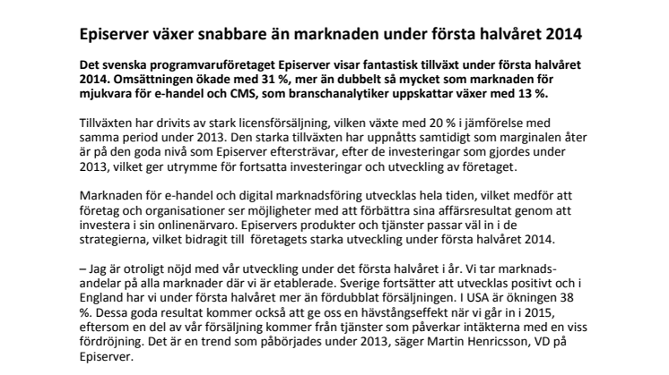 Episerver växer snabbare än marknaden under första halvåret 2014