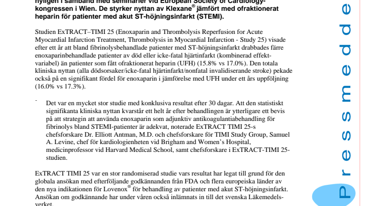 Nya studieresultat bekräftar långsiktig klinisk nytta med Klexane® för patienter med akut kranskärlssyndrom 