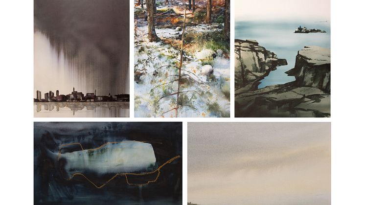 Anna Törnquist, Öppen himmel, 2023 / Lars Eje Larsson, Skog, odaterad / Lars A Persson, Utpost, odaterad / Lena Amstrand, I havets djup, 2023 / Hasse Karlsson, Sensommar, 2023
