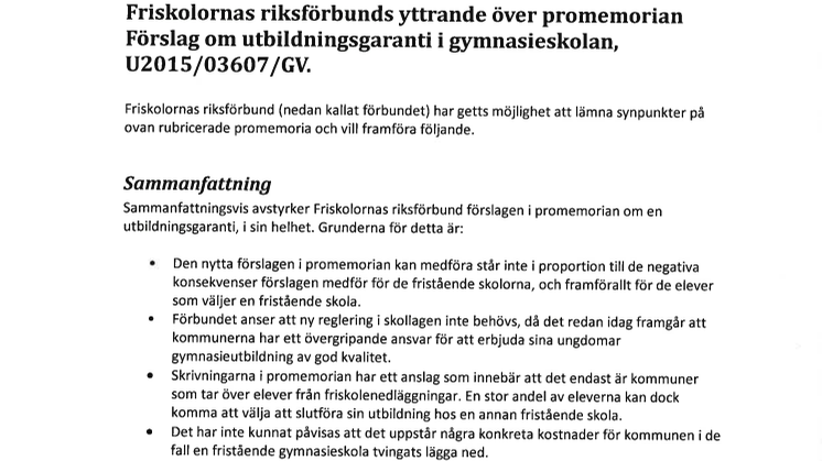 Yttrande över promemorian Förslag om utbildningsgaranti i gymnasieskolan