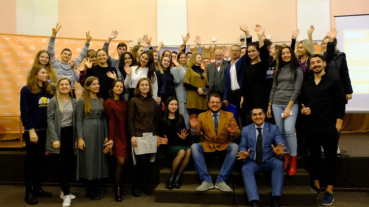 Students and staff from Taras Shevchenko National University in Kyiv celebrate their new partnership project with Northumbria University