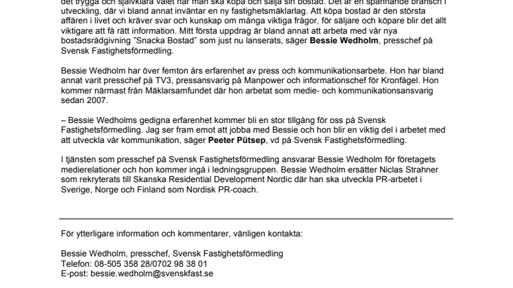Bessie Wedholm ny presschef på Svensk Fastighetsförmedling