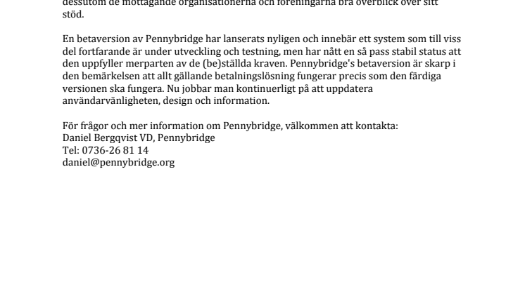Pennybridge - ny unik tjänst som gör det möjligt att donera pengar smidigt och enkelt online