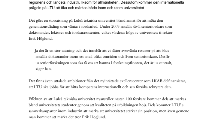 Nästan 100 forskare nyanställs på LTU under 2009