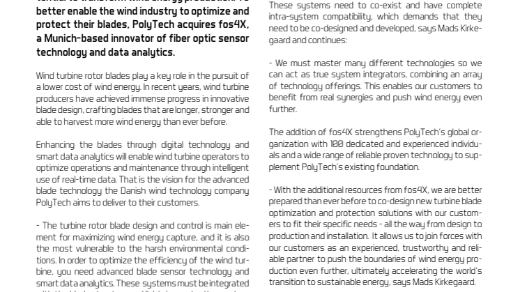 PolyTech acquires fos4X to enable better optimization and protection of your wind turbine blades