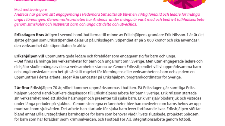Andreas Hedlund får Eriksstipendiet i Hedemora
