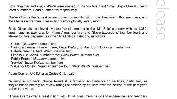 Fred. Olsen Cruise Lines wins top accolades in the  Cruise Critic ‘UK Cruisers’ Choice Awards 2014’