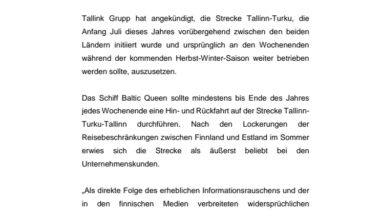 Tallink setzt die Strecke Tallinn-Turku aus
