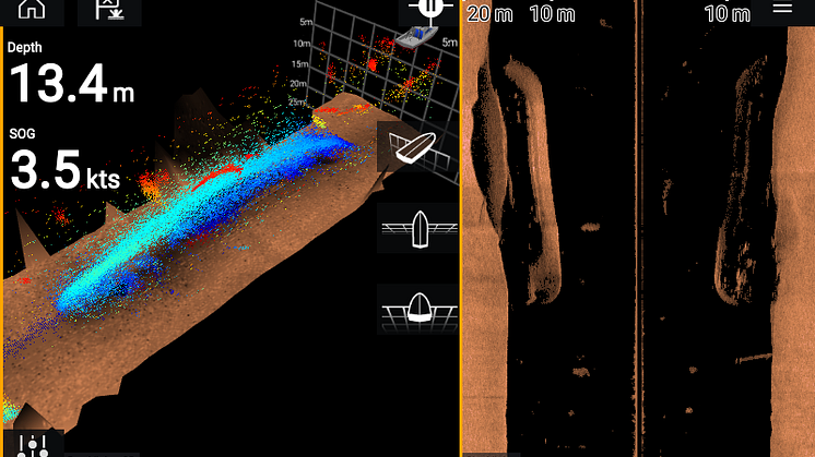High res image - Raymarine - Point Mode (left) provides the highest resolution 3D imagery of underwater objects.   CHIRP SideVision (right) provides photo-like details.