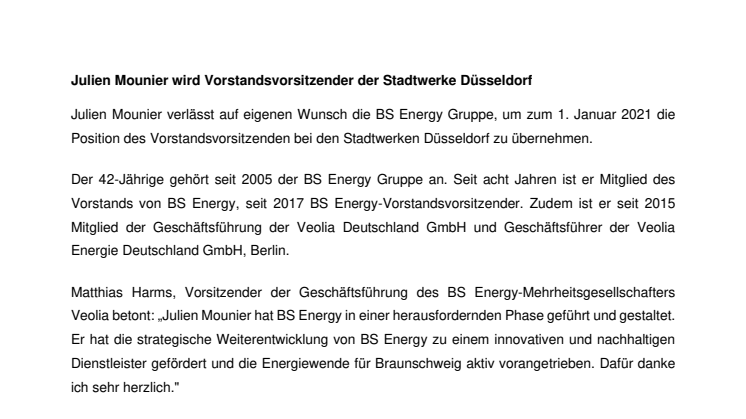 Julien Mounier wird Vorstandsvorsitzender der Stadtwerke Düsseldorf