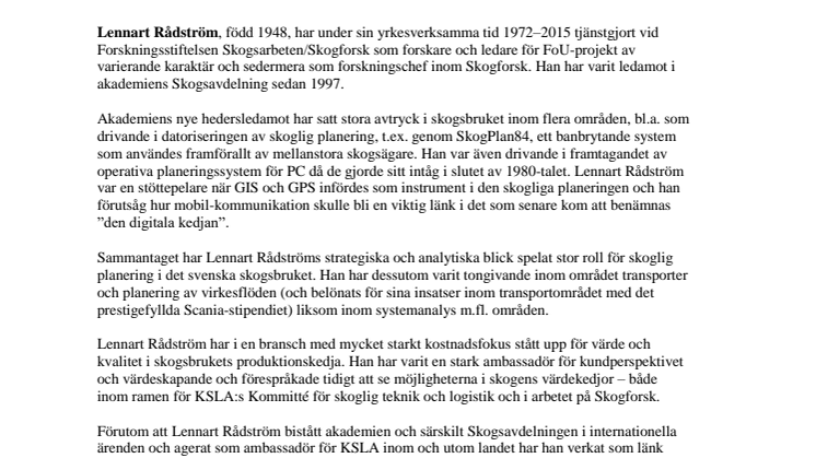 ​Lennart Rådström ny hedersledamot i KSLA
