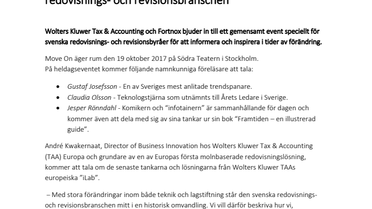 Wolters Kluwer Tax & Accounting i Sverige bjuder tillsammans med Fortnox in till Move On – ett event för redovisnings- och revisionsbranschen