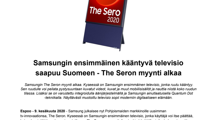 Samsungin ensimmäinen kääntyvä televisio saapuu Suomeen - The Seron myynti alkaa