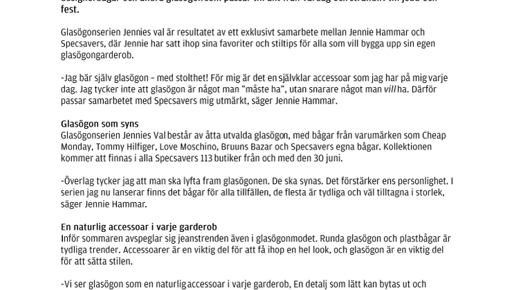 Jennie Hammar lanserar glasögonserie för Specsavers