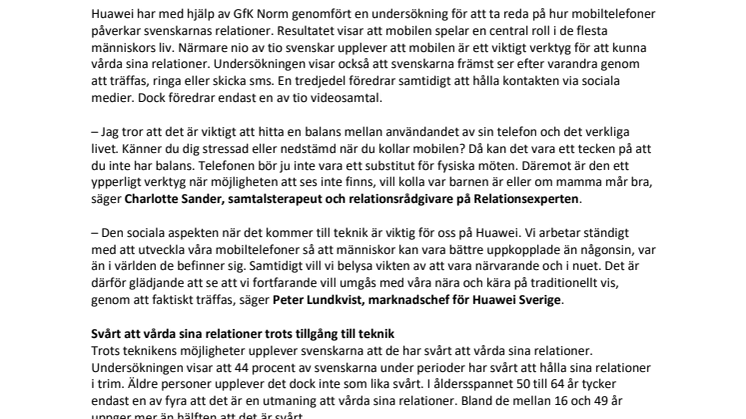 Undersökning från Huawei: Mobilkontakt lika viktigt för våra relationer som fysiska möten