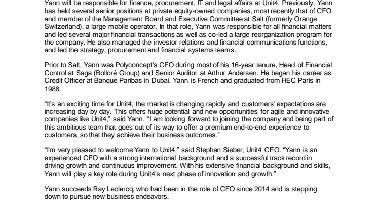 Unit4 utser Yann Leca till Chief Financial Officer 