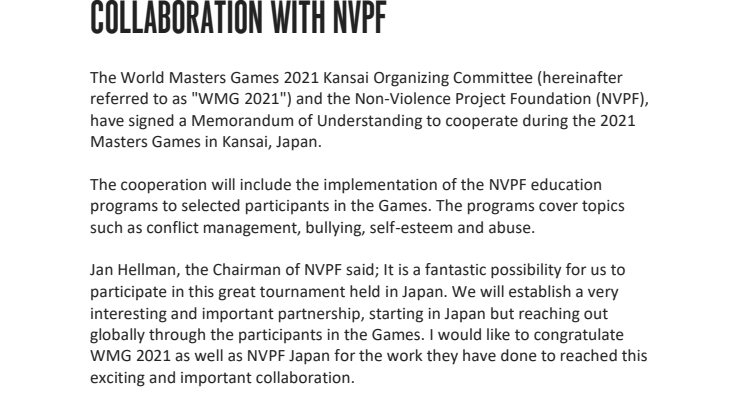 ​World Masters Games 2021, Japan in collaboration with NVPF
