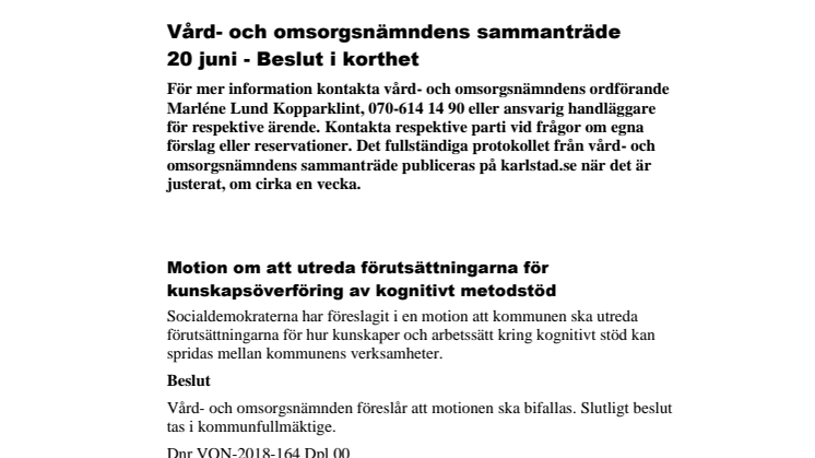 Vård- och omsorgsnämndens beslut i korthet 20 juni