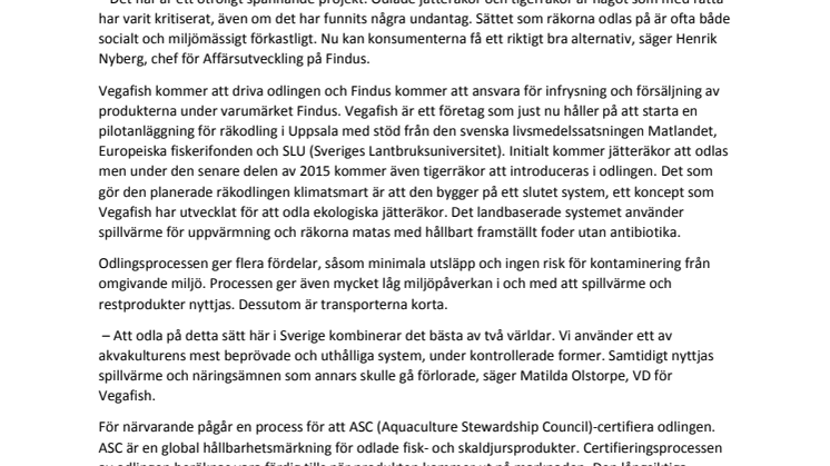 Världsunik klimatsmart odling av tigerräkor startas hos Findus i Bjuv