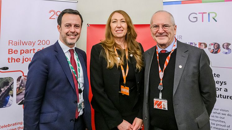 Pictured: Kevin Bonavia MP for Stevenage, Angie Doll CEO of GTR and Rail Minister Lord Peter Hendy